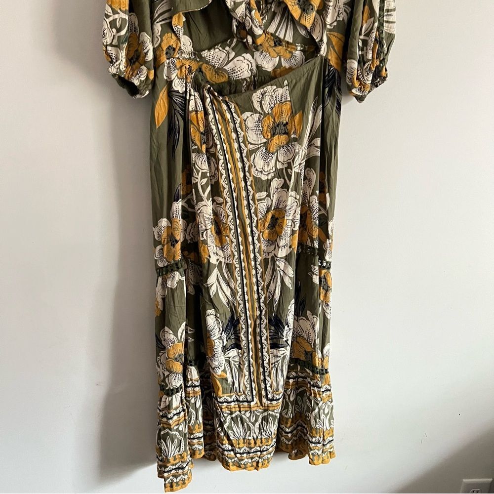 Angie Boho Floral Maxi Dress Olive Green Puff Sleeve Cottagecore Size Large - Picture 3 of 11